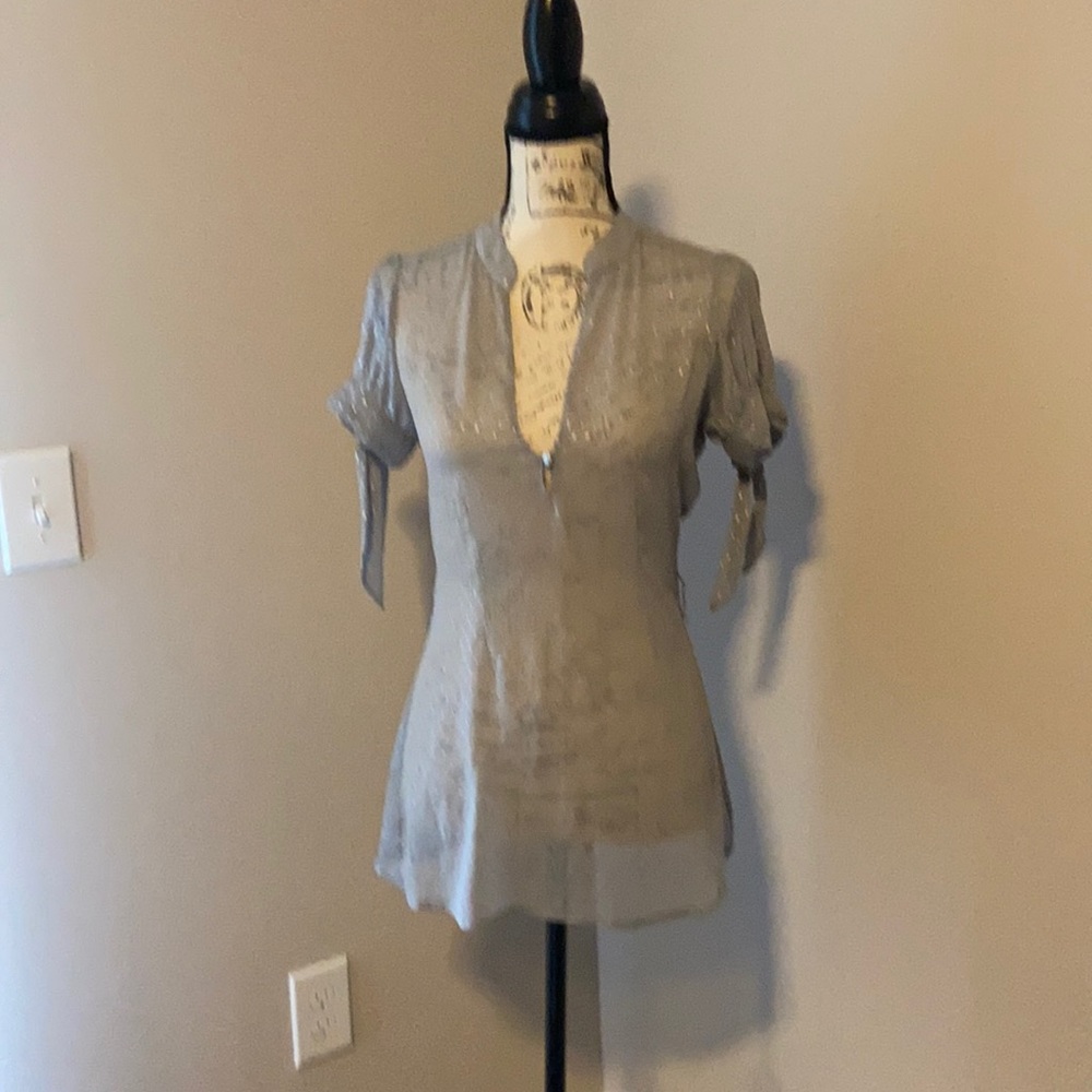 GUESS blouse sheer gray with specks of silver throughout.